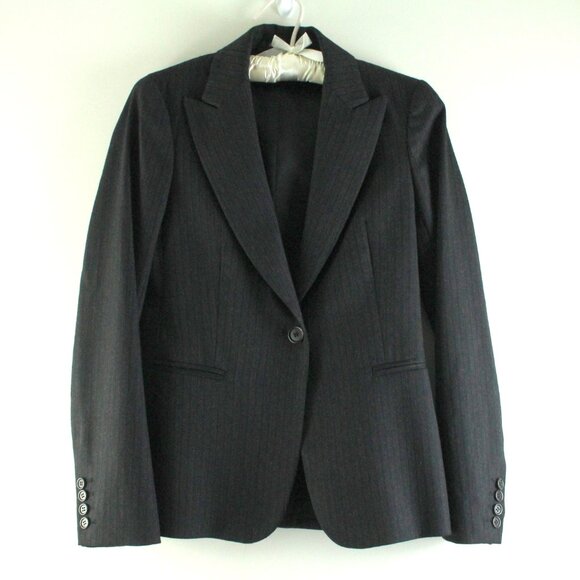 Theory Bergdorf Goodman Wool Black Pinstripe Single Breasted Blazer Jacket 0